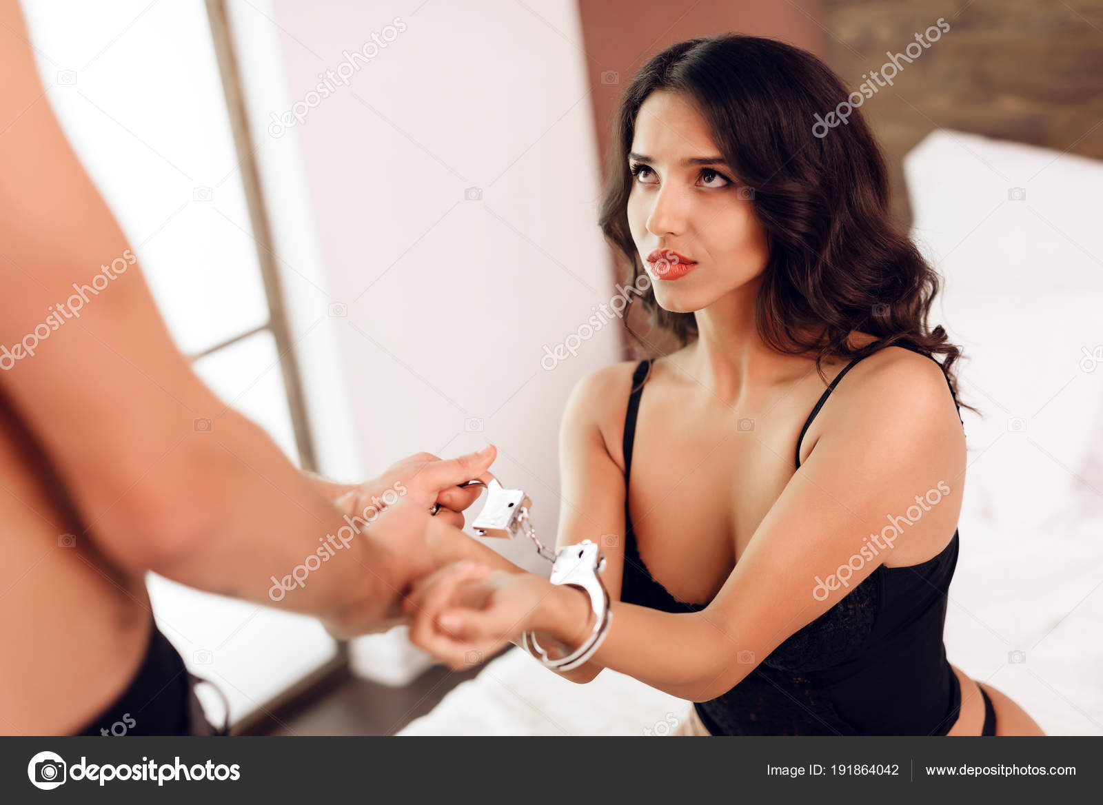 Man Handcuffs Hands Beautiful Passionate Woman Lingerie