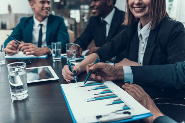 Colleagues Business Suits Study Charts Depicted Negotiation Room Business Meeting — Stock Photo, Image