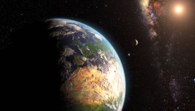Turuncu gündoğumu uzaydan görünüşünü dünya üzerinde. Ay ve yıldızlar arka plan ile. Nasa tarafından döşenmiş bu görüntü unsurları