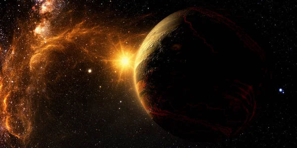 Exoplanet keşif - fantezi ve gerçeküstü manzara. 3D Rendered. Nasa tarafından döşenmiş bu görüntü unsurları