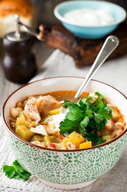 Geleneksel Rus çorbası Rassolnik turşusu salatalık, arpa, tavuk, domates ve maydanoz seramik kase.