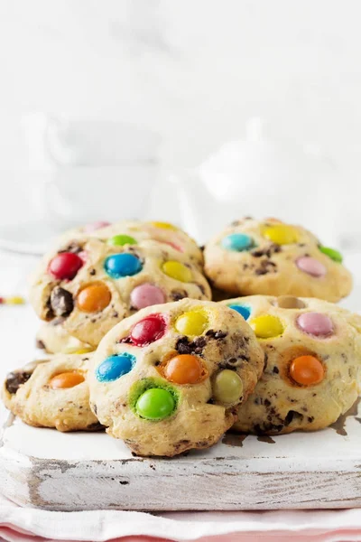 Stack Children Cookies Colorful Chocolate Candies Sugar Glaze White Light — Stock Photo, Image