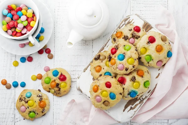 Children Cookies Colorful Chocolate Sweets Sugar Glaze White Wooden Background — Stock Photo, Image