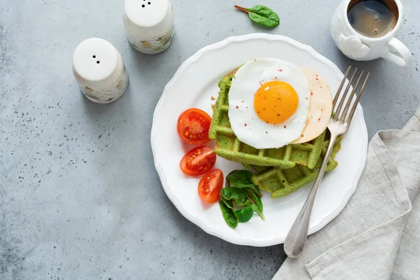 Ovo Frito Com Queijo Tomate Acelga Waffle Com Espinafre Placa — Fotografia de Stock