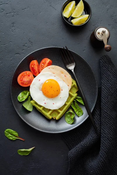 Ovo Frito Com Queijo Tomate Acelga Waffle Com Espinafre Placa — Fotografia de Stock