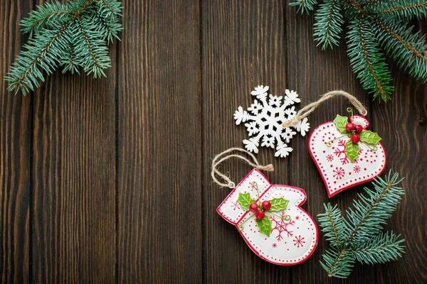 Kerstmis Nieuwjaar Achtergrond Spar Boomtakken Andere Boom Speelgoed Met Kerst — Stockfoto