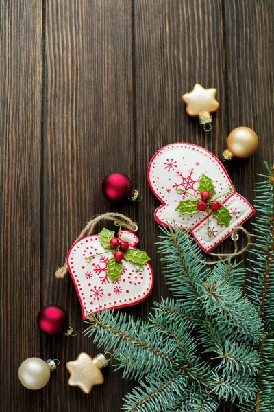 Kerstmis Nieuwjaar Achtergrond Spar Boomtakken Andere Boom Speelgoed Met Kerst — Stockfoto