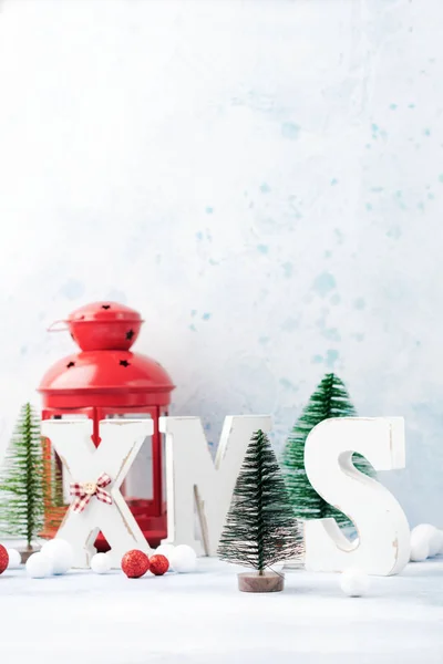 Natal Decoração Ano Novo Bola Árvore Letras Xmas Com Neve — Fotografia de Stock