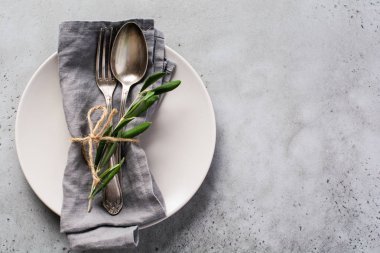 Kırsal kesim çatal bıçak takımı. Gri keten peçete, çatal ve kaşık, kırsal beton gri arka planda zeytin dalı olan tabaklar. Sonbahar tatili masa dekorasyonu seti. Üst görünüm, alanı kopyala.