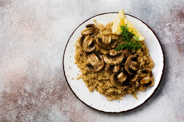 Quinoa Fried Mushrooms Lemon Wholesome Meal Served Simple Ceramic Plate — Stock Photo, Image