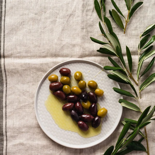 Several Varieties Fresh Olives Different Ceramic Plates Old Vintage Gray — Stock Photo, Image