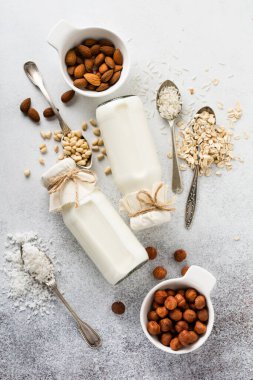 Ev yapımı diyet sebze sütü ve badem, kıvırcık, fındık ezmesi, yulaf ezmesi, pirinç ve gri arka planda hindistan cevizi. Diyet sağlıklı konsept. Üst görünüm.