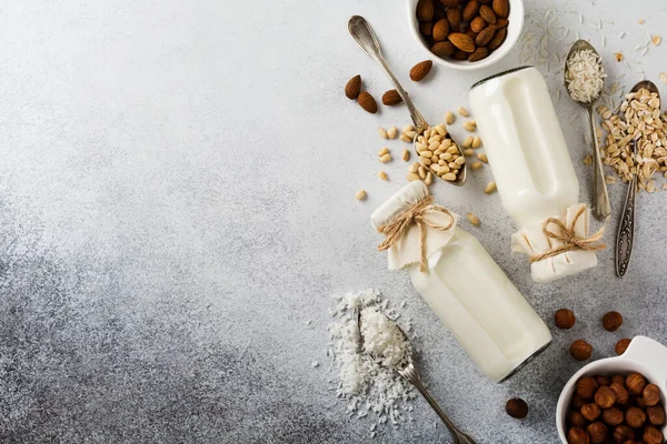 自制蔬菜奶和杏仁 米和椰子在灰色背景 饮食健康的概念 顶部视图 — 图库照片