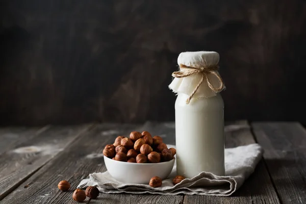 Hazelnut Nut Vegan Milk Non Dairy Jar Bottle Selective Focus — Stock Photo, Image