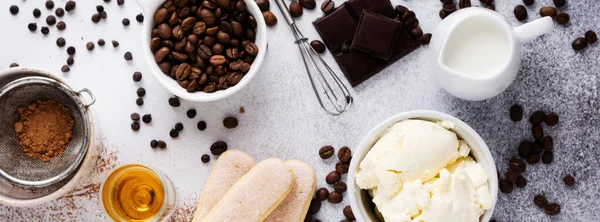 Ingredients Making Italian Dessert Tiramisu Savoiardi Mascarpone Cocoa Powder Chocolate — Stock Photo, Image