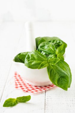 Beyaz ışık arka planında beyaz bir seramik kasede taze fesleğen yaprakları. Seçici odak.