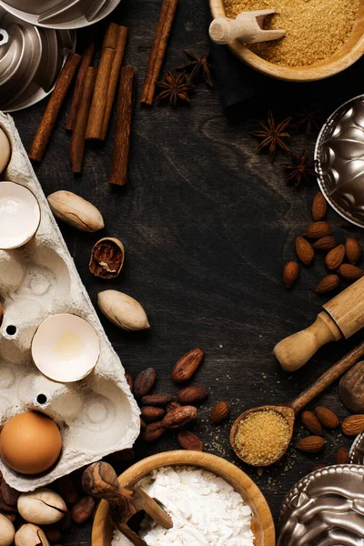 Baking Culinary Background Flour Sugar Spices Nuts Cinnamon Wooden Spoons — Stock Photo, Image