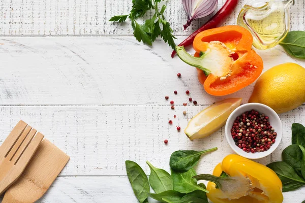 Приготування Фону Свіжі Інгредієнти Їжі Овочів Спецій Трав Оливкової Олії — стокове фото