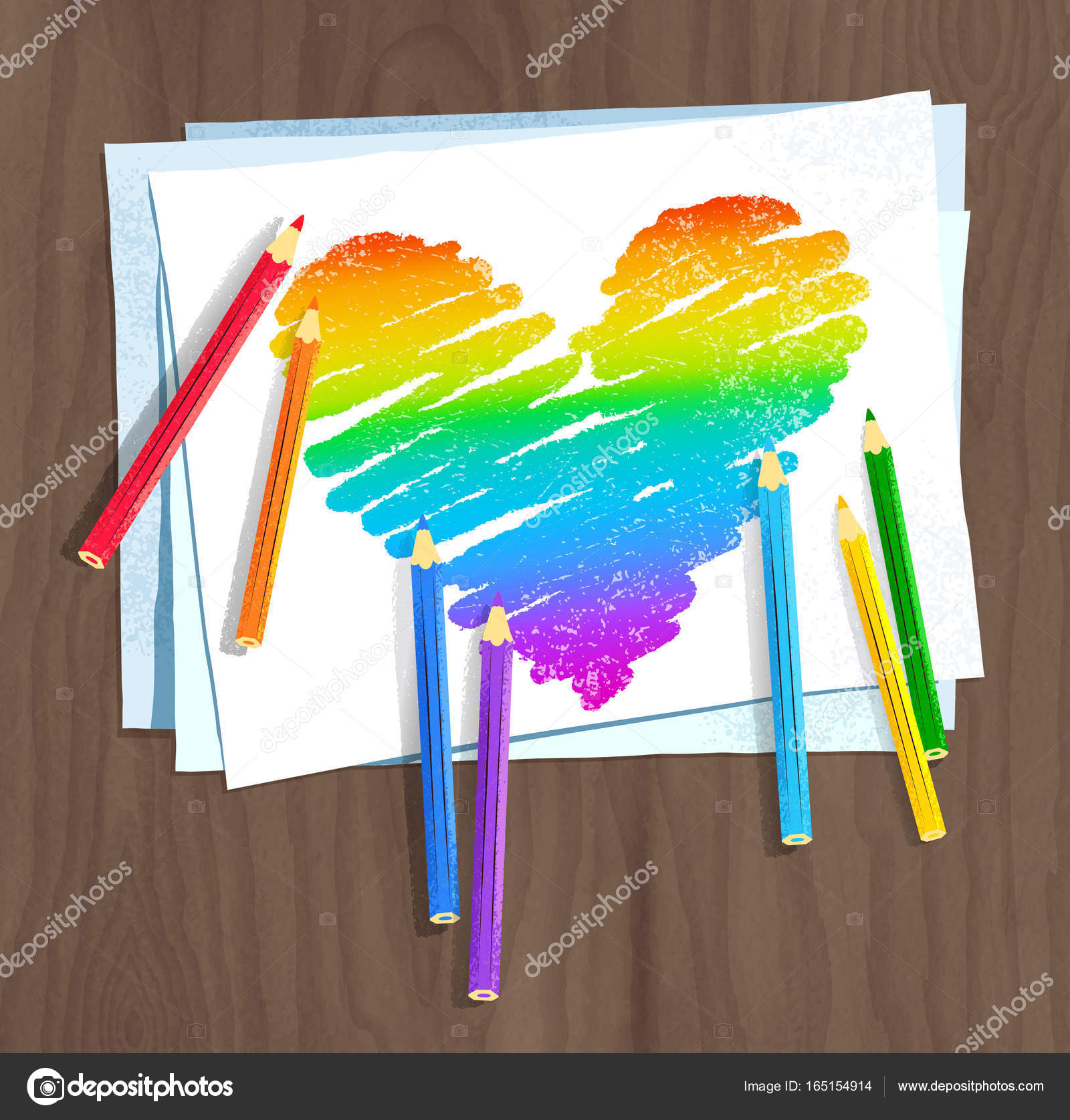 Arcobaleno colorato cuore con carta e matite di colore — Vettoriale Stock