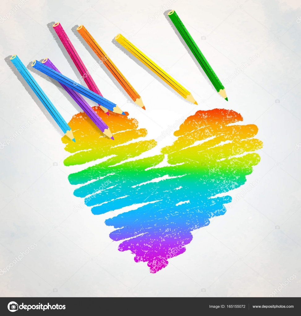 Schizzo di vettore di arcobaleno colorato cuore con matite di colore su fondo di carta — Vettoriali di Sonya illustration