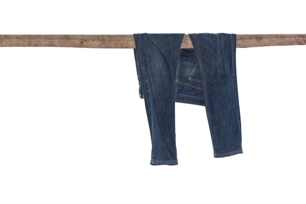 Blå Jeans Hängare Isolerad Vit Bakgrund Klippning Väg — Stockfoto