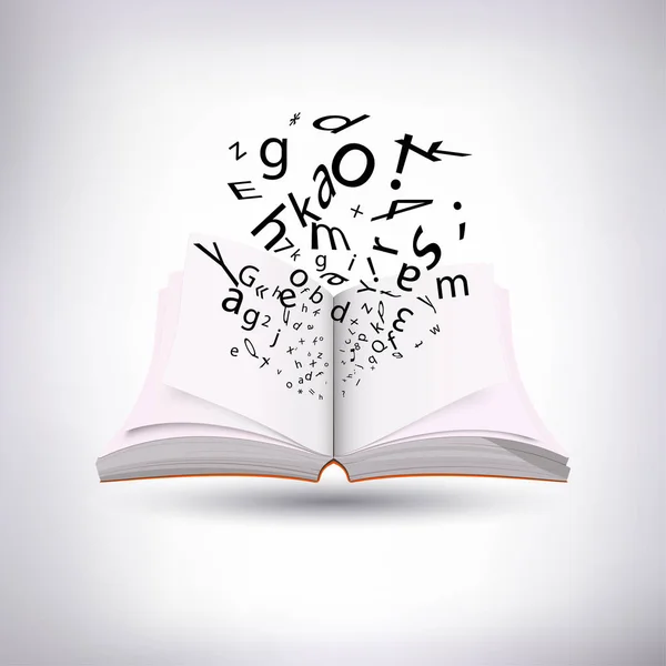 Açık kitap ondan farklı uçan harflerle. Hafif bir arka plan üzerinde bir gölge ile. Vektör.