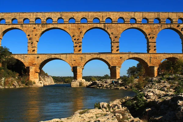 Pont Gard Ένα Αρχαίο Ρωμαϊκό Υδραγωγείο Που Διασχίζει Ποταμός Gardon — Φωτογραφία Αρχείου