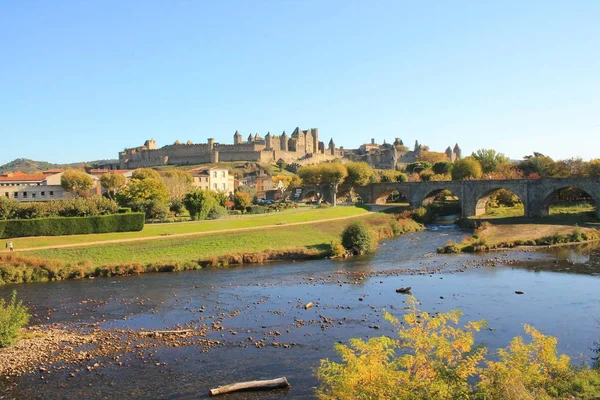 Carcassonne Müstahkem Şehir Pont Vieux Aude Nehir Geçiş — Stok fotoğraf