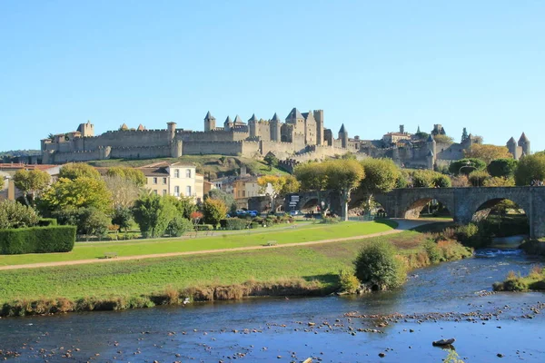 Carcassonne Müstahkem Şehir Pont Vieux Aude Nehir Geçiş — Stok fotoğraf