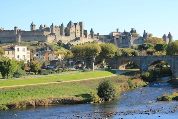 Carcassonne Erődített Város Pont Vieux Aude Folyó — Stock Fotó