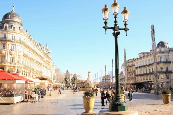 Plaza Comedia Montpellier Fuente Tres Gracias Herault Francia — Foto de Stock