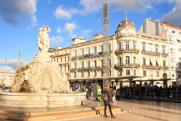 Komedia Placu Montpellier Fontanną Trzy Gracje Francja — Zdjęcie stockowe