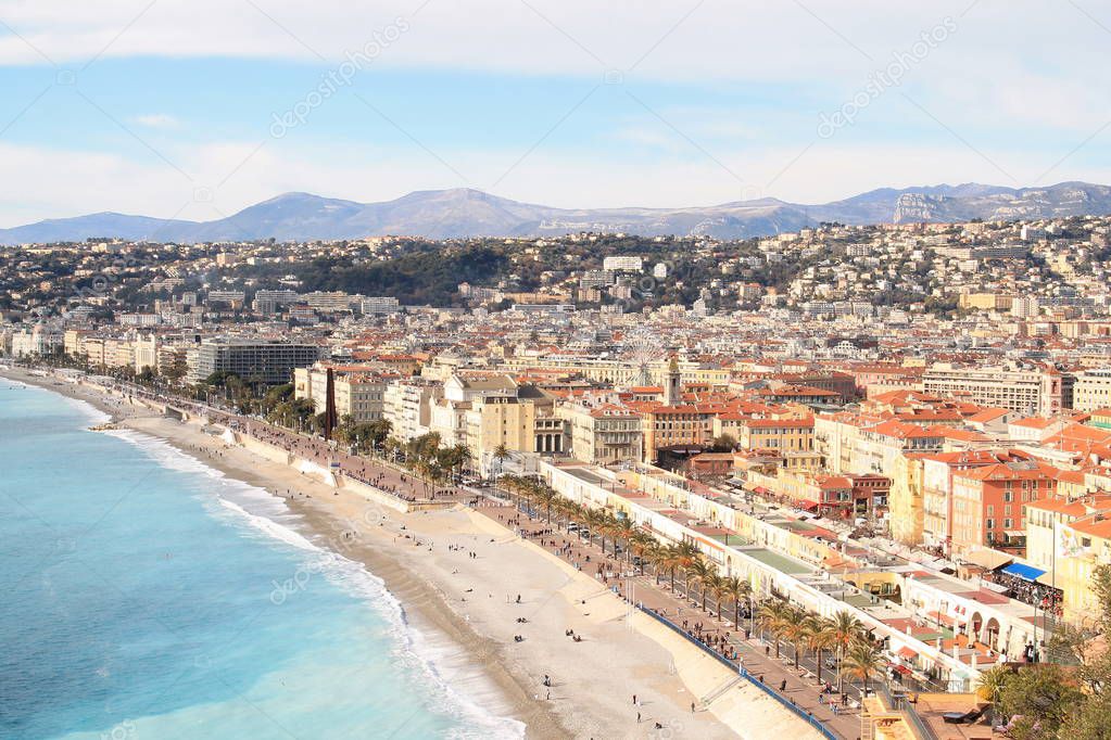 Panoramic view of Nice city and promenade des Anglais along seafront, French Riviera, France