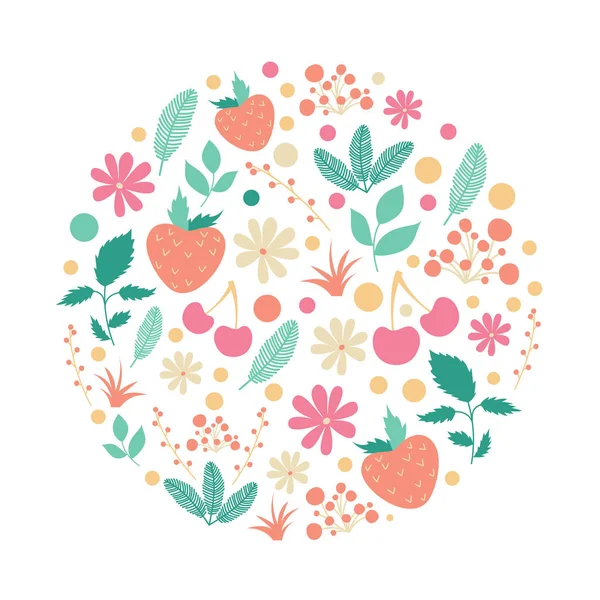 Patrón con hojas, flores, cerezas y fresas — Vector de stock