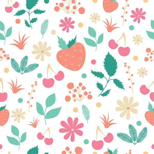 Motif avec feuilles, fleurs, cerises et fraises — Image vectorielle