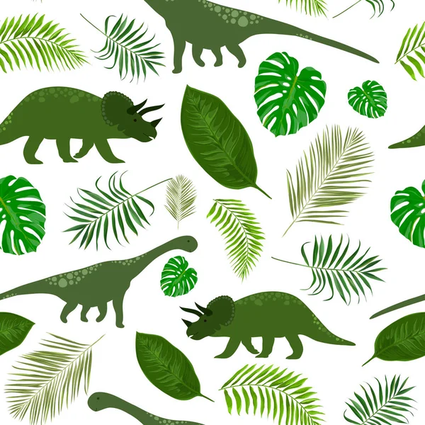 Pattern with funny dinosaurs and tropical leaves — Stock Vector