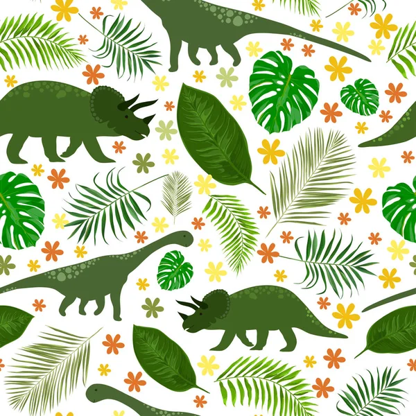 Modèle avec des dinosaures drôles et des feuilles tropicales — Image vectorielle