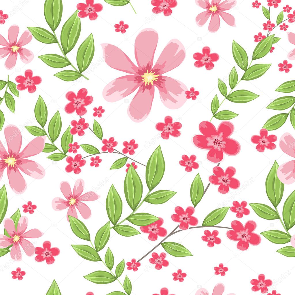 pattern with pink flowers and green leaves