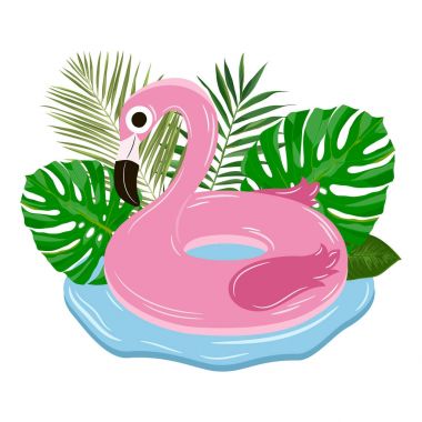 Vektör çizim pembe şişme flamingo ve egzotik yaprakları ile