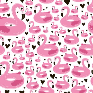 Vektör seamless modeli pembe şişme flamingolar ve siyah kupa