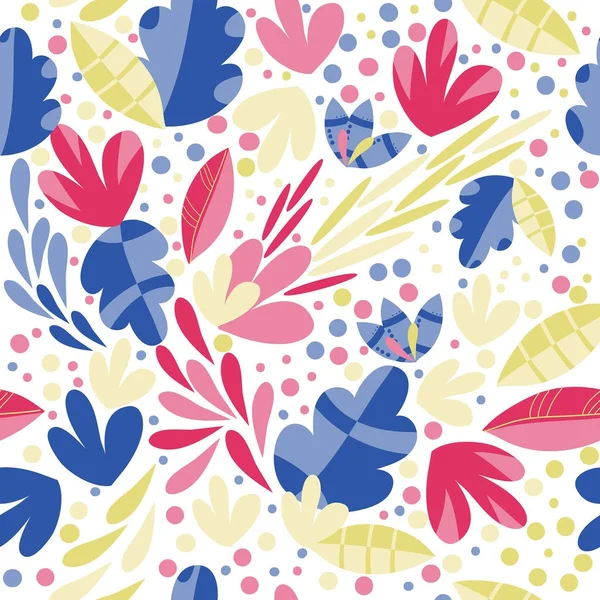 Vector Bright Seamless Pattern Beautiful Flowers Leaves Blue Pink Yellow — Stock Vector