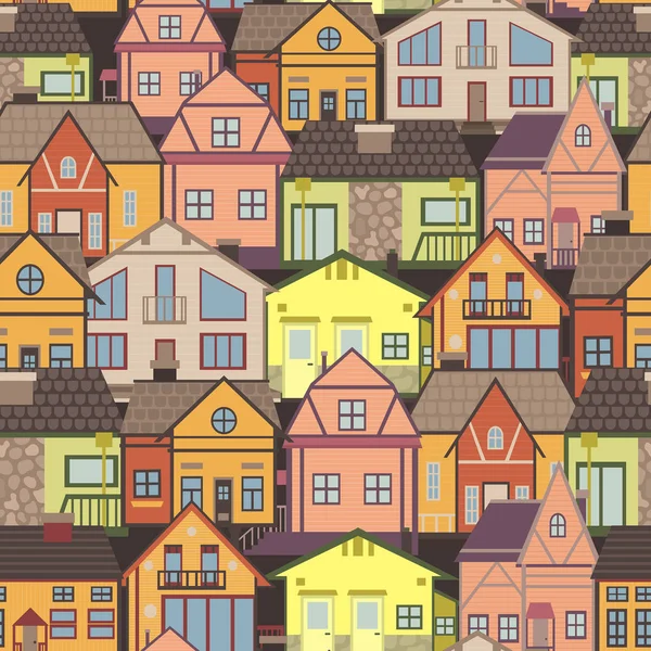 Vector seamless pattern with different colorful city buildings.