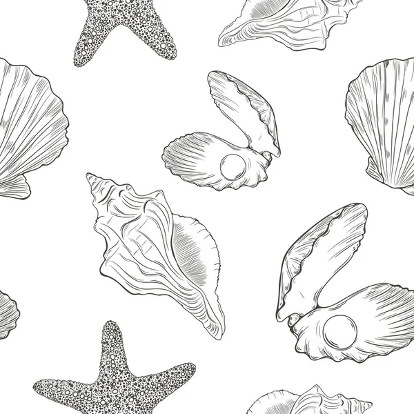 Vector Seamless Pattern Different Seashells — Stock Vector