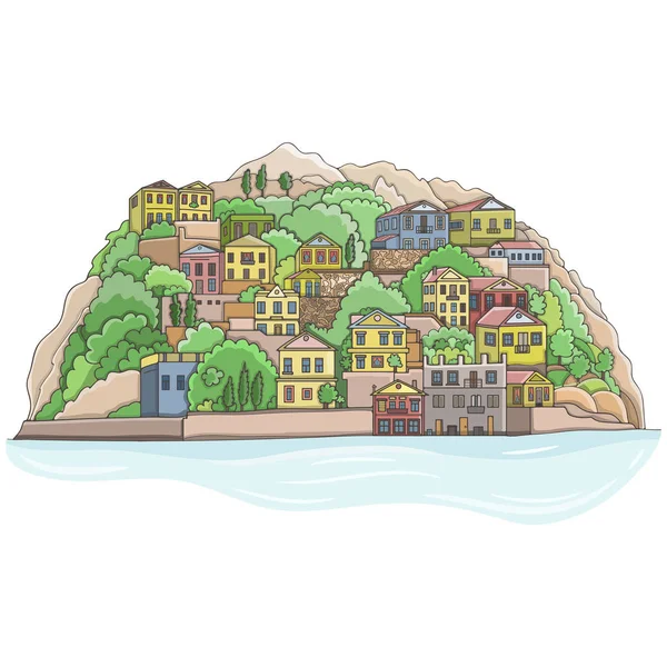 Ilustrasi Vektor Berwarna Warni Dengan Rumah Rumah Pegunungan Desa Pegunungan - Stok Vektor