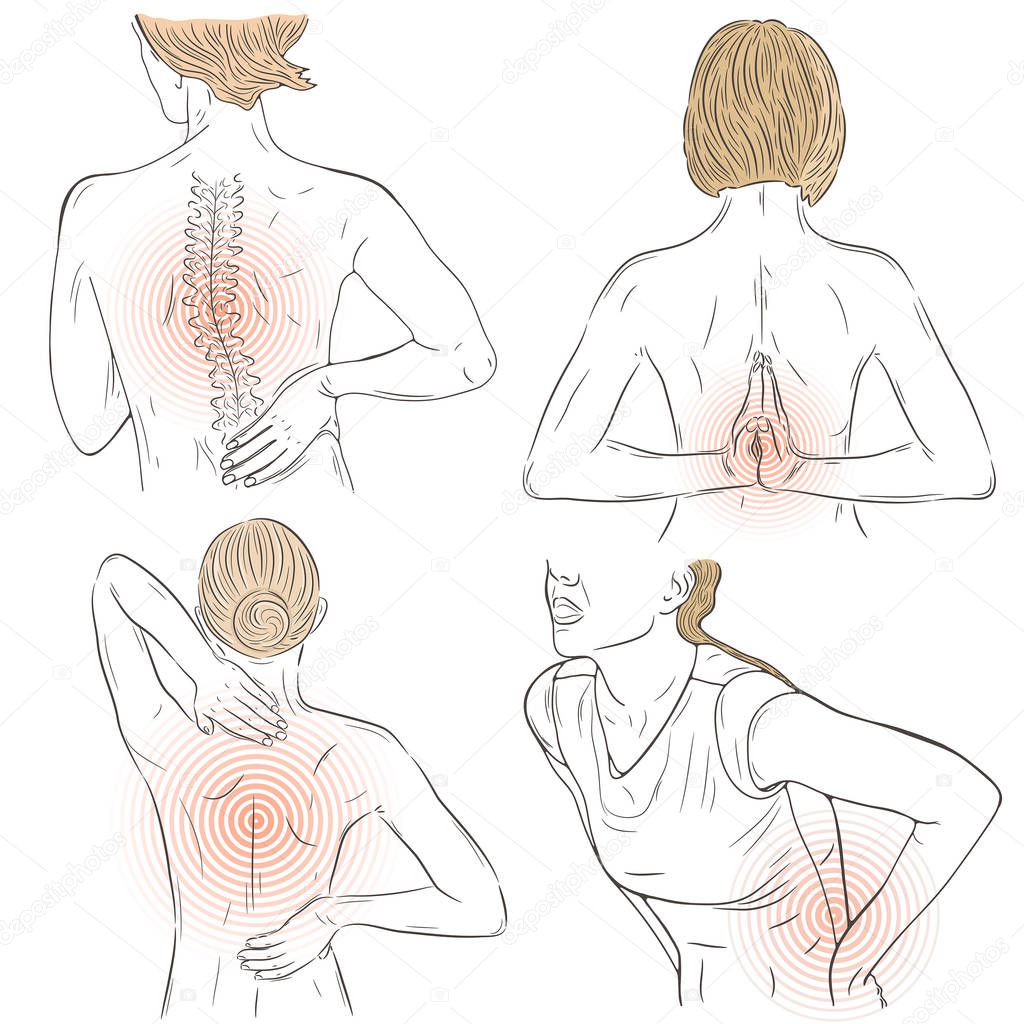 Vector set with illustrations with persons suffering from pain in the back. Worried back. Injured person. Sketch.