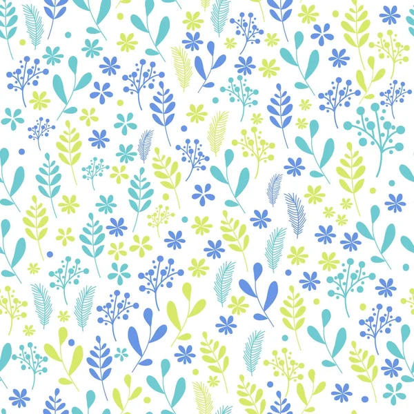 Vector Seamless Pattern Flowers Leaves Green Blue — Stock Vector