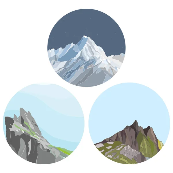 Conjunto Vectores Con Ilustraciones Con Paisajes Montaña — Vector de stock