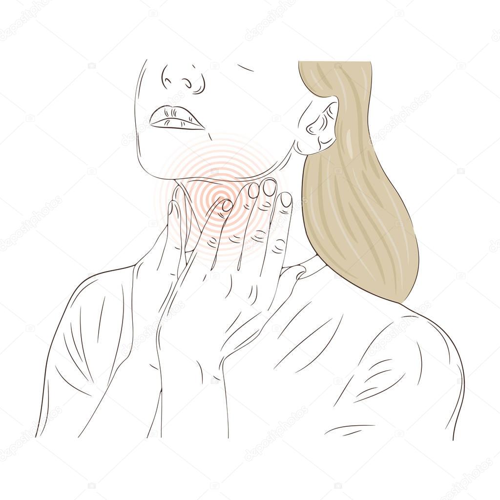 Vector illustration with woman suffering from pain in the neck.Inflammation of lymph nodes. Sketch.