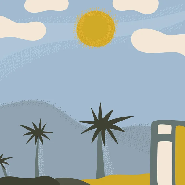 Vektor Sommerkarte Mit Sommerblick Auf Palmen Und Berge Vektorgrafiken