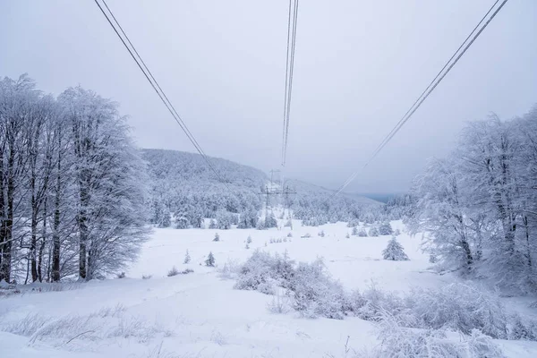 Lignes électriques à haute tension en hiver. — Photo